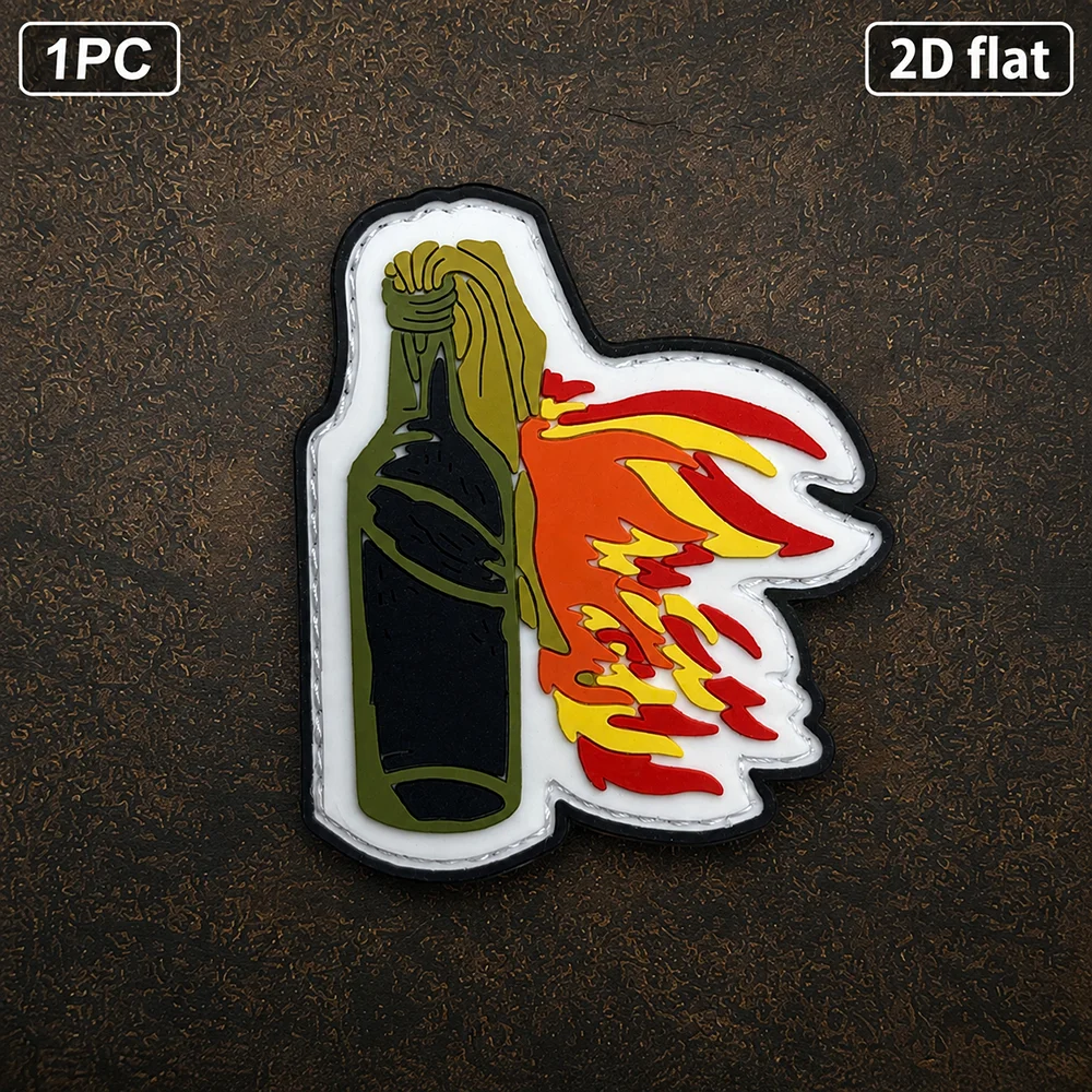 Trendy Cool Bottle and Flame Pattern Shaped 2D Flat Pvc Material Magic Stickers, Free Backing Material, Optional Sizes 1Pc, 2Pcs, 3Pcs, Trendy Personalized Soft Rubber Decorative Stickers, Versatile for Backpacks, Vests, Helmets