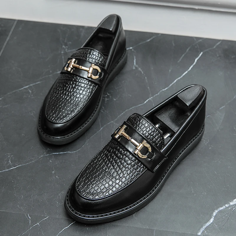 

New Men Black Litchi Pattern Loafers Summer Slip-on Elegant Business Fashion High Quality Leather Shoes Driving Pea Shoes Black