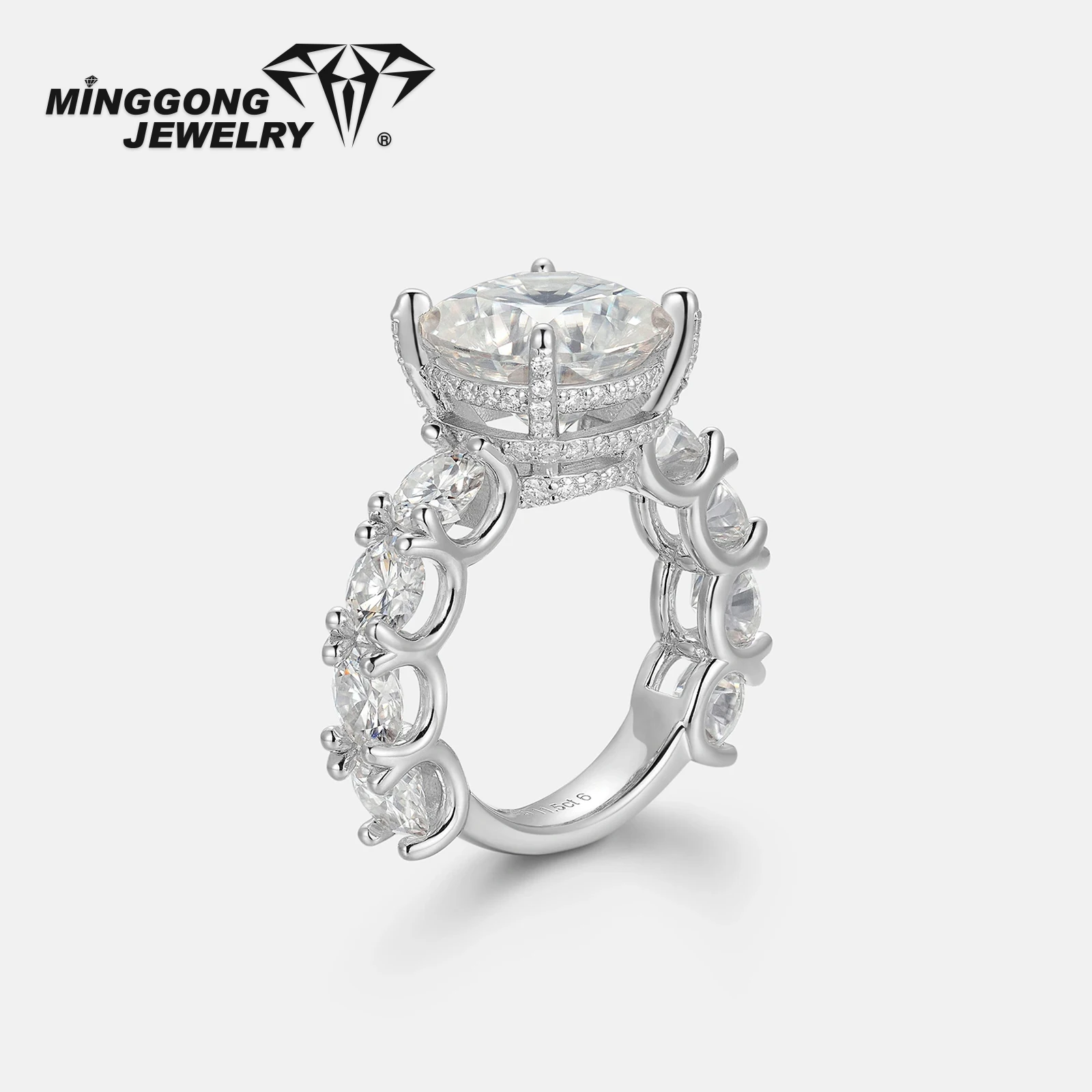 

Customizable New Design S925 Silver 10K/14K Solid Gold VVS Moissanite Engagement & Eternity Ring Full Iced Cushion Cut Solitaire