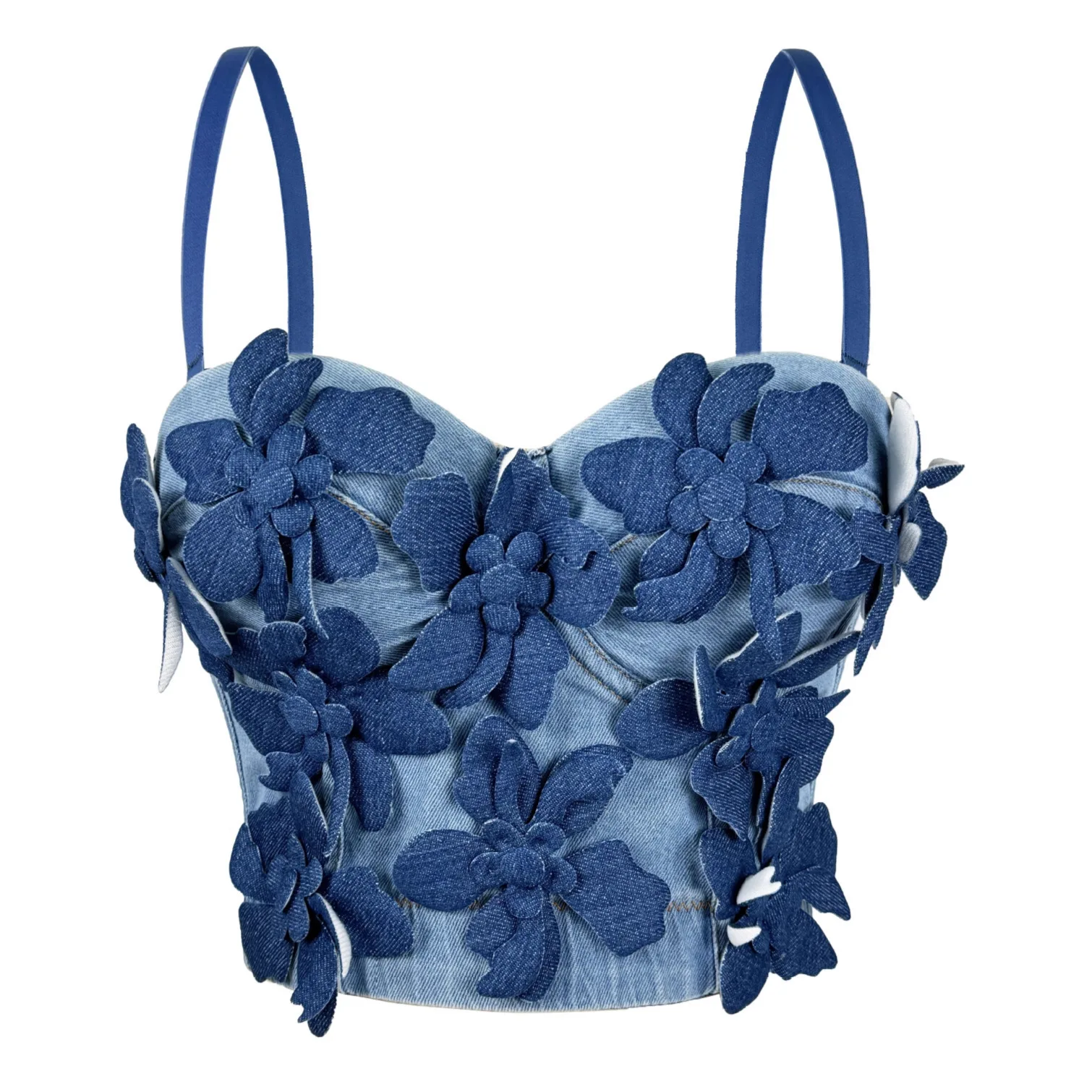 

Sexy Denim Corset Top with Handmade Flower Decor, Women's Boned Bustier Bra Lace Up Bustier for Clubbing Y2K Vintage Style