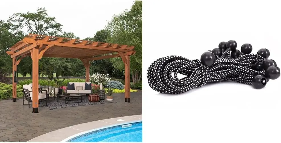 Beaumont 16 ft. x 12 ft. All Cedar Pergola Kit + Kotap 25 Pack 9 in. Black Ball Bungee Cord Tarp Tie-Down