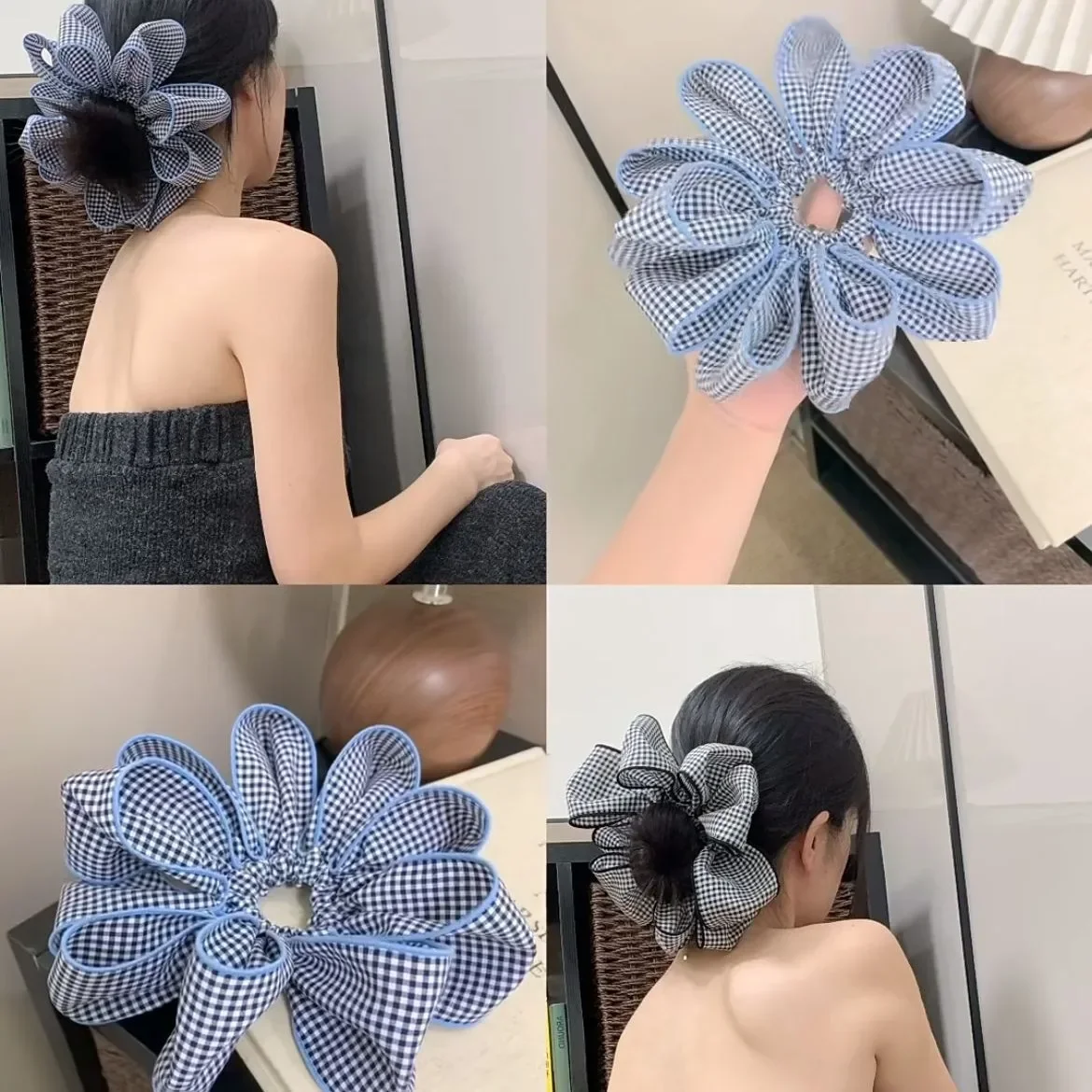 

1 Pcs Ladies' Hair Scrunchies Korean Versatile Blue Plaid Flower Elastic Hair Bands Simple Versatile Hair Accessories For Girl