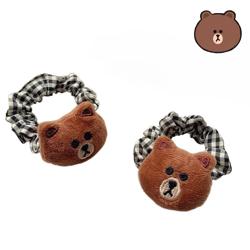 

Плюшевые резинки для волос LINE FRIENDS Brown Cony в стиле аниме, милые кавайные резинки для волос в клетку для девочек, головные уборы, подарки оптом