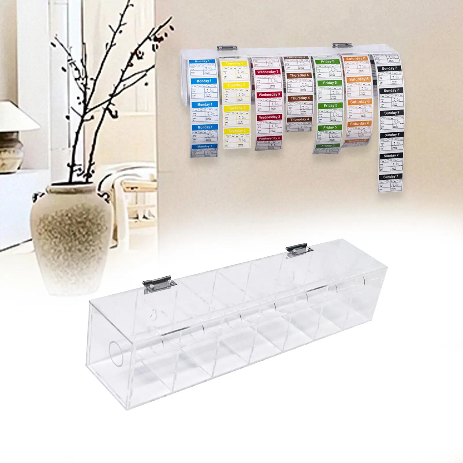 Acrylic Label Dispenser Multi Use Day of The Week Label Dispenser Clear Label Roll Holder for Wall Office Restaurant Home School