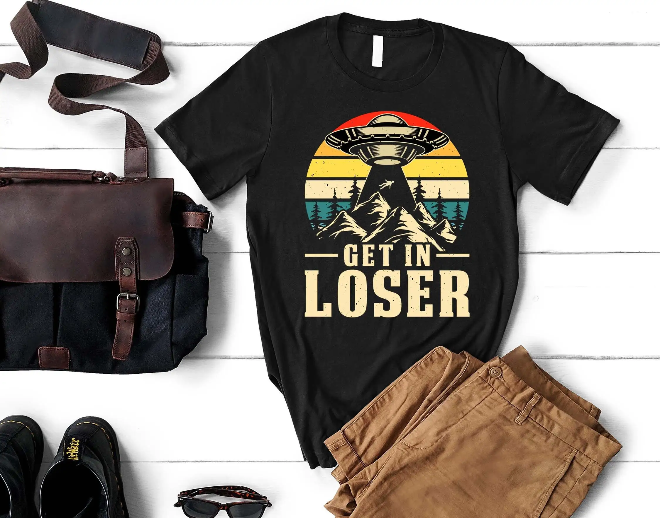 Get In Loser Funny Alien T Shirt UFO Cool Space Flying Saucer Abduction Day Galaxy