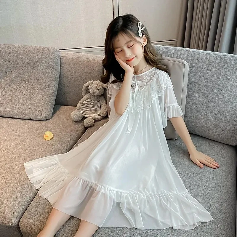 Baby Home Clothes Summer Modal Children's Nightdress Princess Style Girls Nightdress Ruffled Edge Bowknot Decoration Nightdress