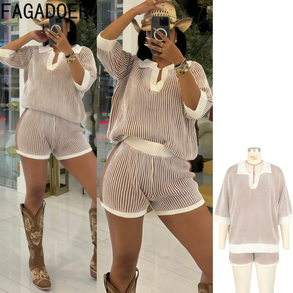 

FAGADOER Casual Striped Knit 2 Piece Sets Woman Outfit Solid Color Short Sleeve Crop Tops + Shorts Matching Female Streetwear