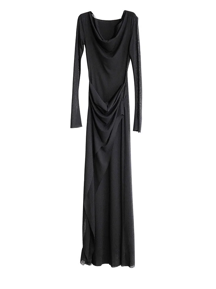 فستان نسائي أنيق بأغطية رأس وحياكة ، فستان منظور رفيع ، أكمام طويلة ، أسود ، موضة المد والجزر ، الربيع ، الخريف ، جديد ، 1DH7218 #6