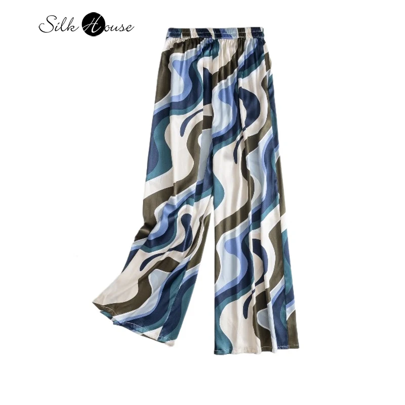 

2025 Women's Casual Summer New Collection 22MM Small Heavy 93% Natural Mulberry Silk Elastic Satin Pocket Design Wide Leg Pants