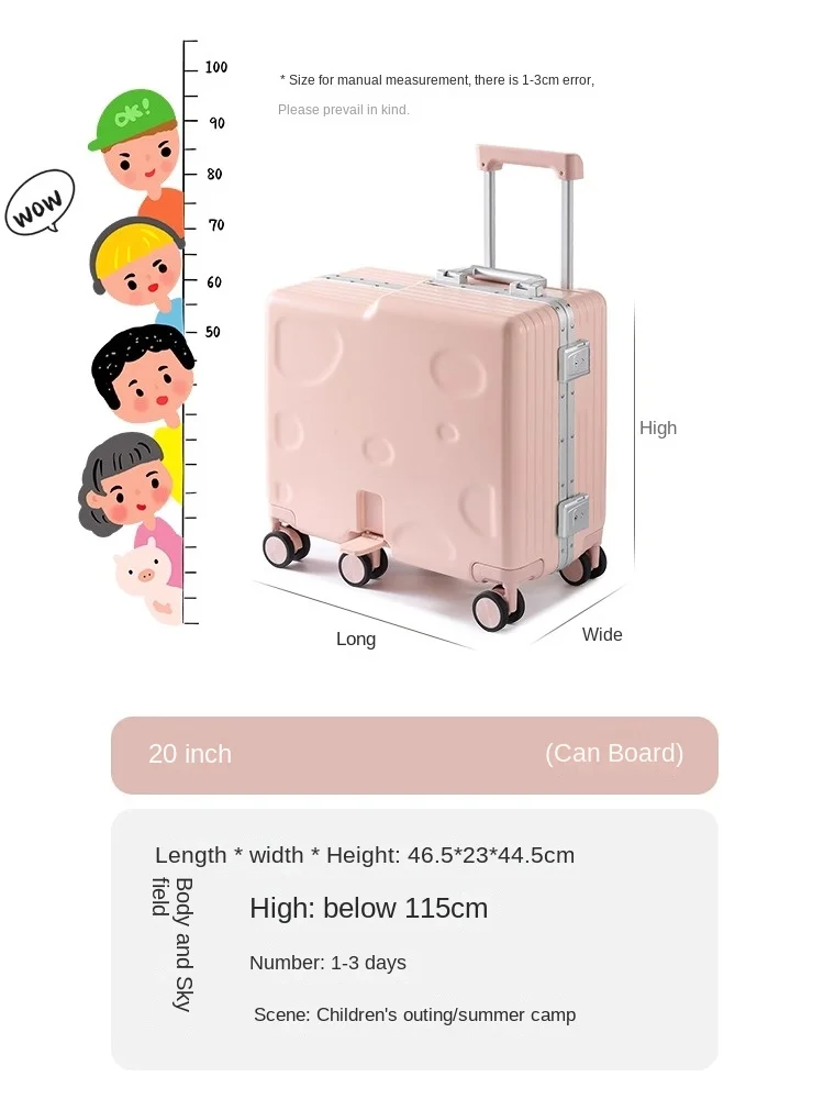 Mala de bagagem infantil com estrutura de alumínio, mala de viagem para meninos e meninas de 20 polegadas com seis rodas