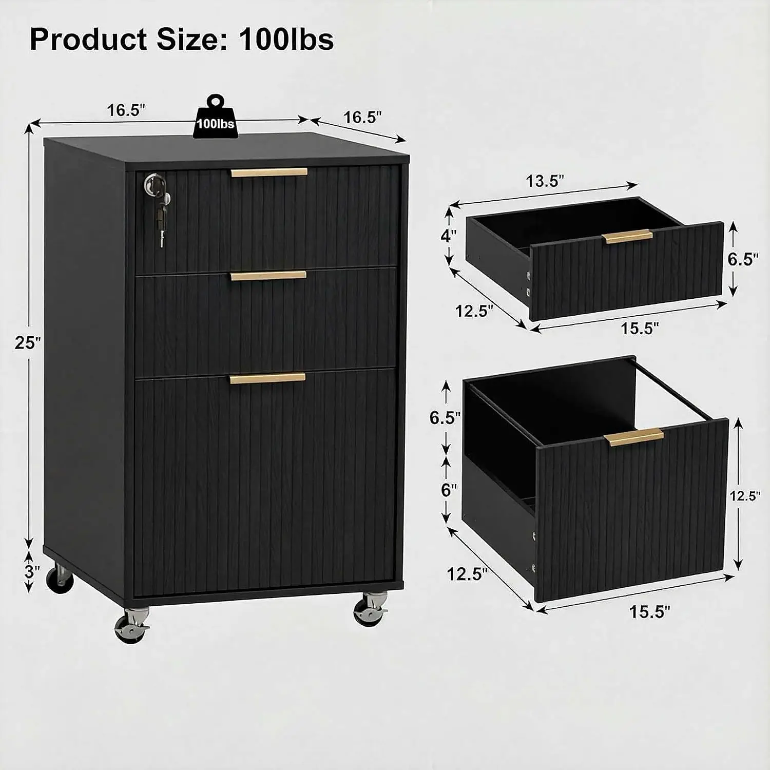 3-Drawer Fluted Mobile File Cabinet with Lock & Wheels, Under Desk Printer Stand for Home Office, Fits Letters/A4, Customized