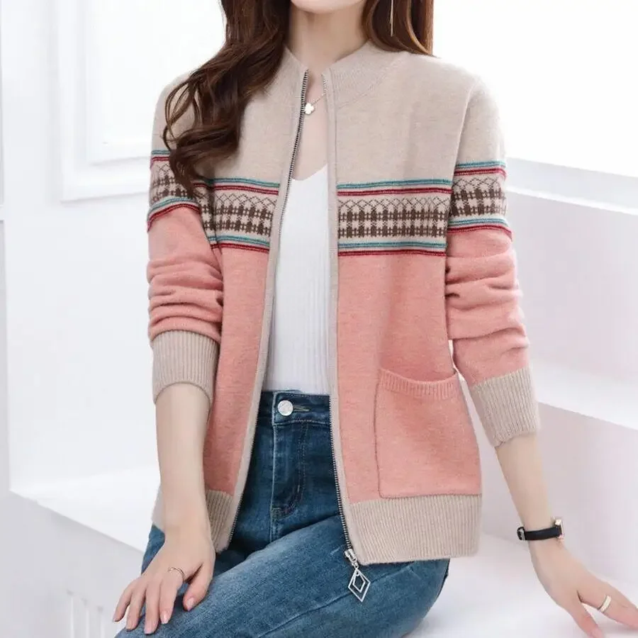 Office Lady Sweaters Simplicity Printing Patchwork Pocket Zipper Casual Fashion Loose Long Sleeve Temperament Women\'s Clothing