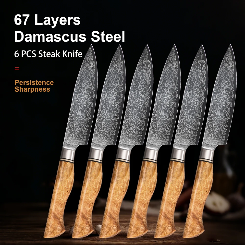6PCS Steak Knife Set 67 Layers Damascus Steel Gift Box Set Kitchen Chef Sycamore Wood Handle Cutting Meat Table Knife