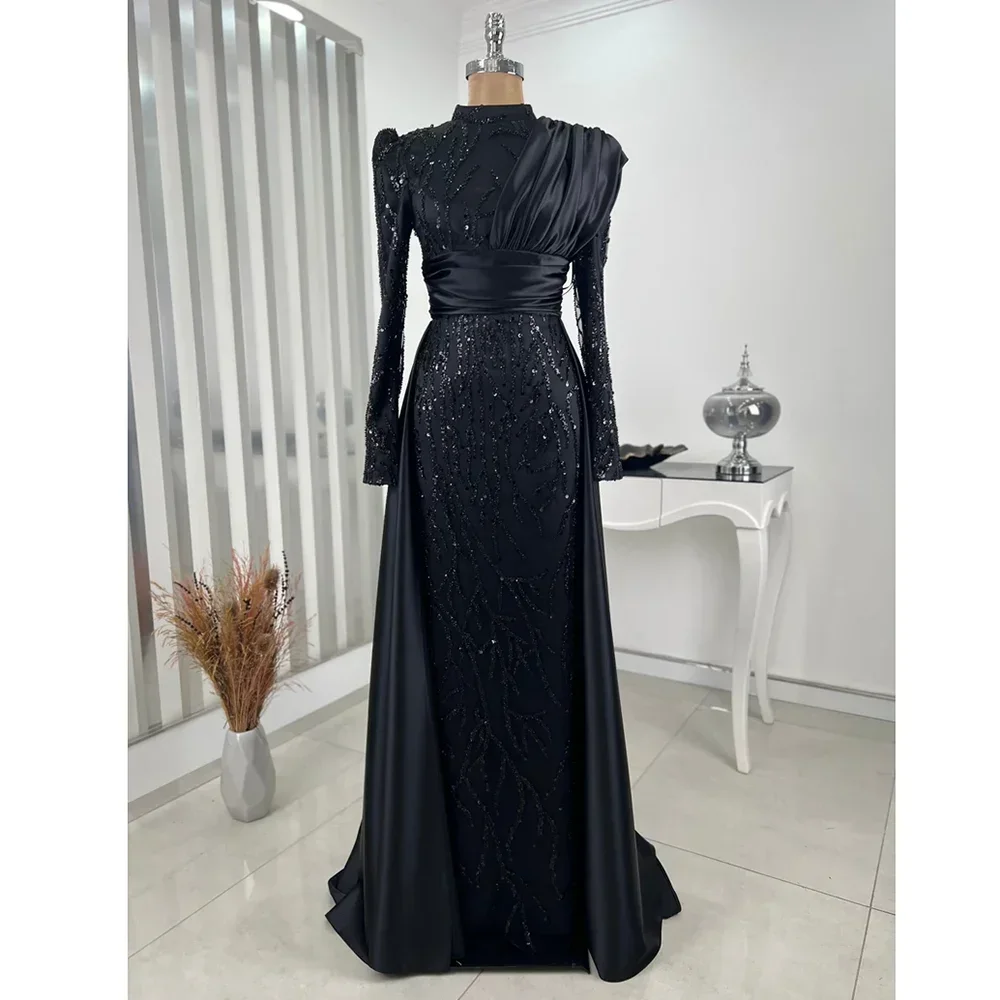 Elegant High Collar Sequined Beads Prom Dress Chic Long Sleeves Satin Floor Length Sheath Gowns Floor Length Evening Party Dress