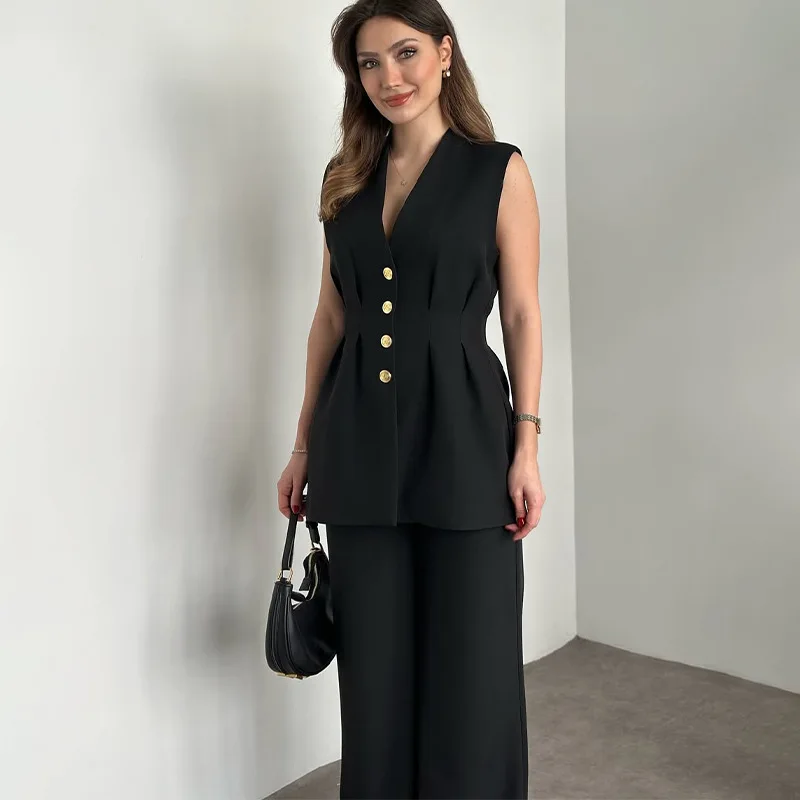 

2025 Spring Women's Pure Color Buttonless V-Neck Sleeveless Top with Straight Leg Pants Fashionable Casual Sportswear Set