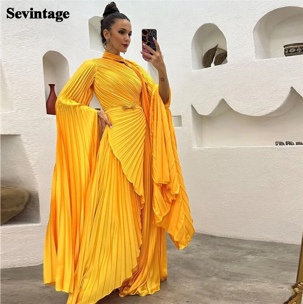 

Sevintage Elegant Yellow Prom Dress High Neck Long Cape Sleeves Belt Crumpled Floor Length Evening Dress vestido de gala 2024