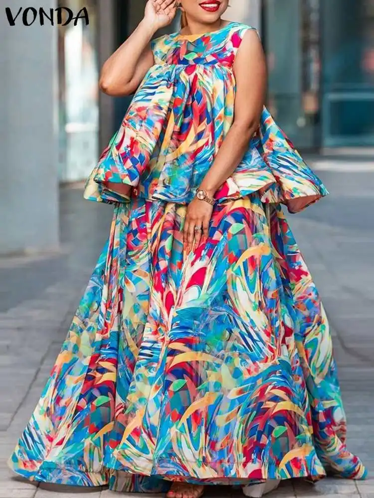 Plus Size VONDA Women Summer Dress Sets 2024 Oversize Sleeveless Tops and Maxi Skirt Bohemian Printed Sets 2PCS Loose Sets