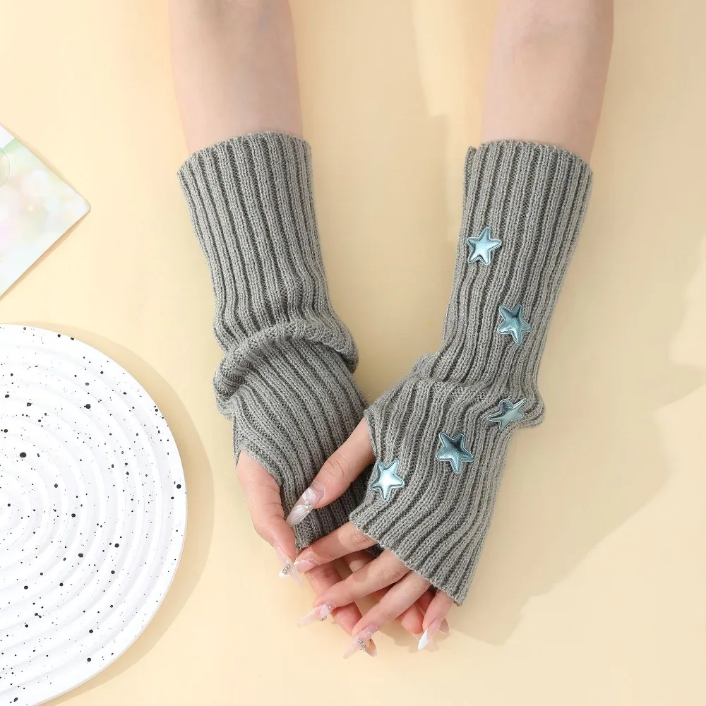 Knitted Arm Warmers with Stars Pattern Elastic Long Fingerless Gloves Warm Thumb Hole Design Winter Mitten Gloves for Women