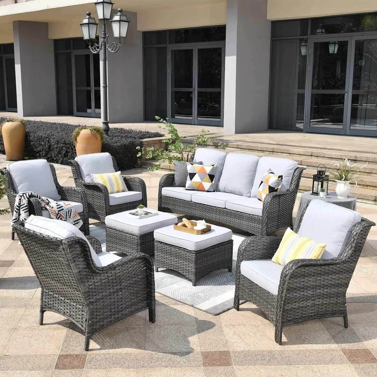 Outdoor Furniture Patio Furniture Set All Weather Wicker Patio Conversation with Sectional and 2 Ottomans for Garden,Backyard