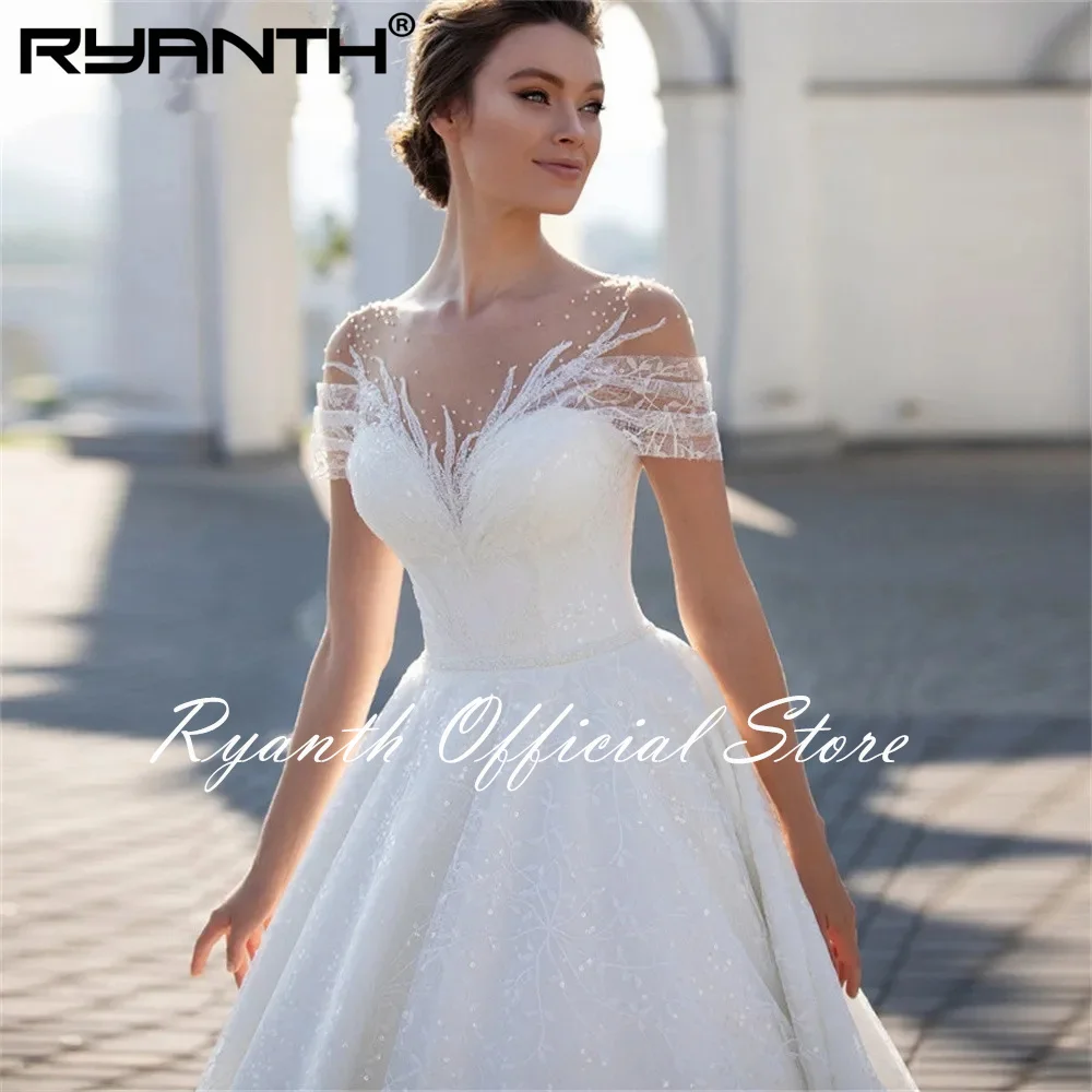 Ryanth abito da sposa lucido con spalle scoperte per la sposa 2024 moda Glitter pizzo a-line abito da sposa Illusion pieghe Robe De Marié