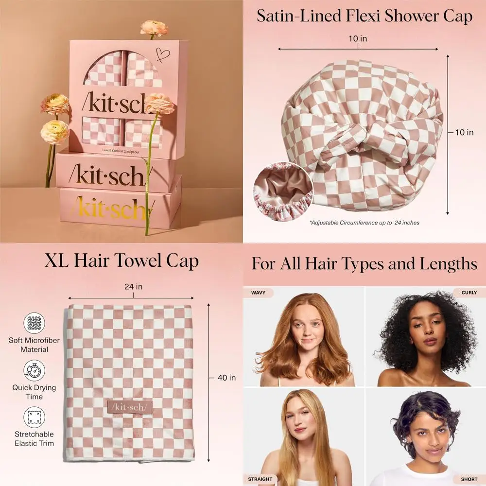 

Satin-Lined Waterproof Shower Cap & XL Microfiber Hair Towel Set for Women - Terracotta Checker Pattern