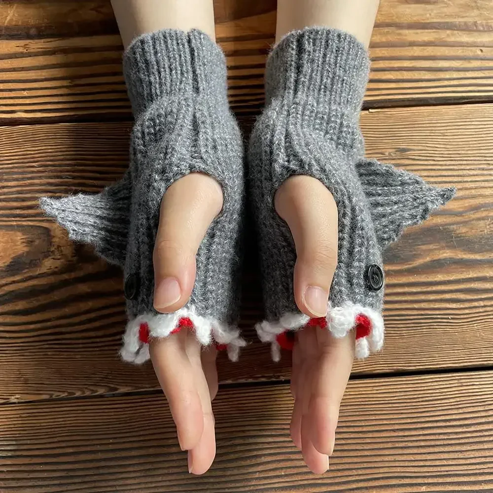 New 3D Cartoon Half Finger Gloves Shark Fish Knitted Glove Cute Novelty Unisex Winter Warm Men Women Xmas Gift Christmas Guantes