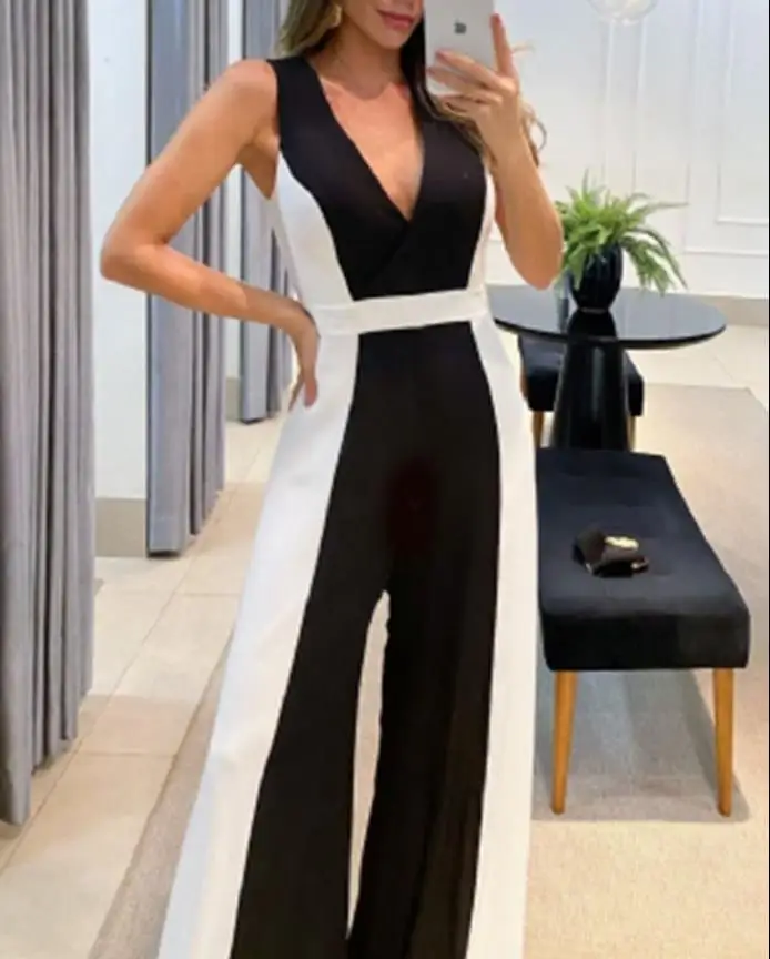 

Woman Summer Jumpsuits Elegant Colorblock Sleeveless Casual V-Neck Daily Wide Leg Long Jumpsuit Without Belt