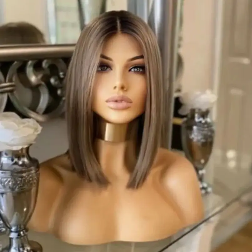 

Синтетический парик омбре пепельно-коричневого цвета с прямой челкой, прямой фасон боб, с предварительно выщипанной линией роста волос, реалистичный, для женщин, из термостойкого волокна, короткий