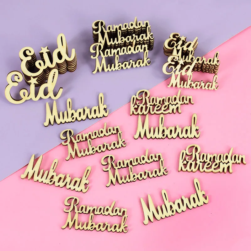 15/30/60pcs Wooden Letter Eid Mubarak Ramadan Kareem Wood Slices For Islam Muslim Festival Party Supplies 2024 Eid Al-Fitr Deco