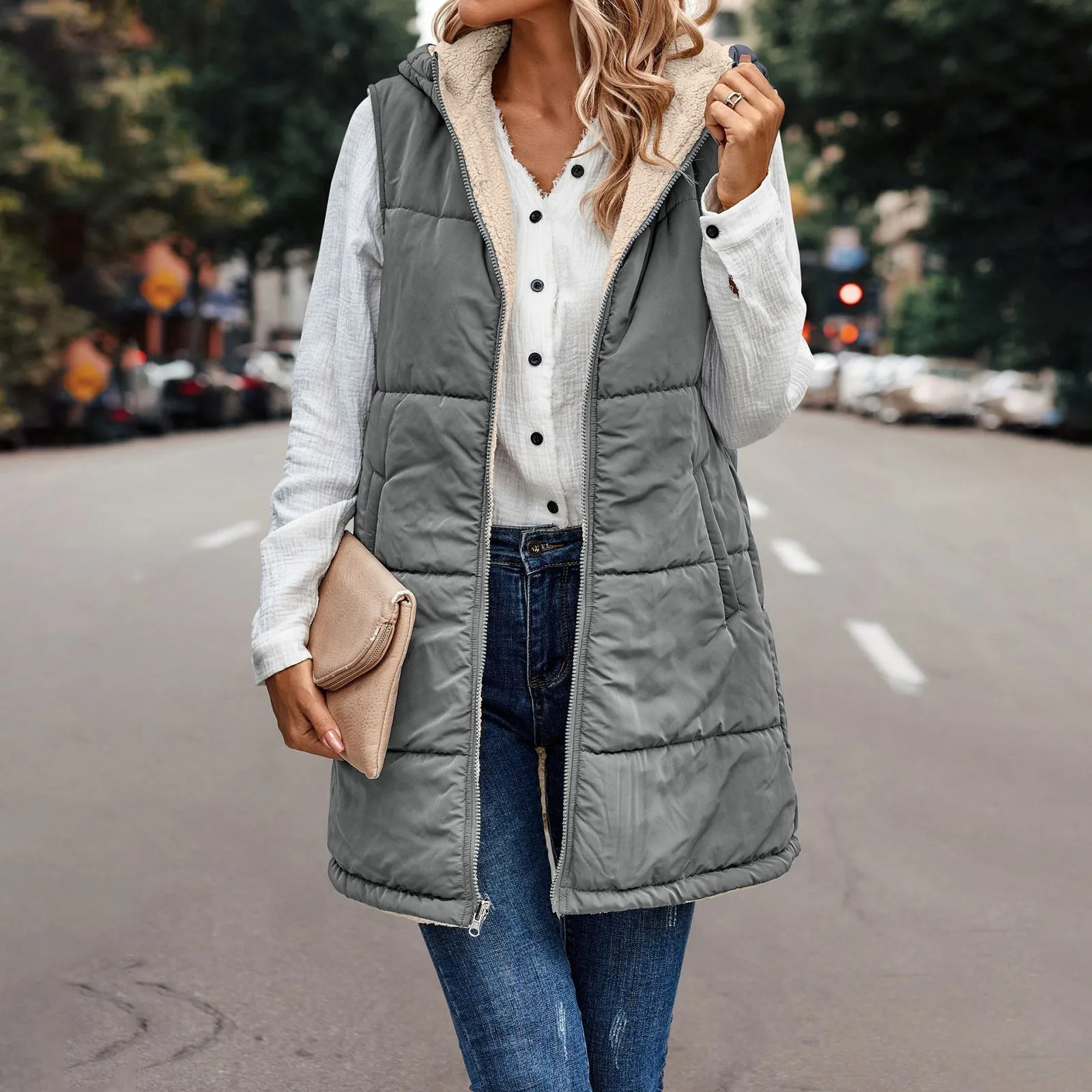 Long With Hood Outdoor Vest Women's Jacket Quilted Coat Sleeveless Jacket Winter Light Weight Sweaters Vest Coat