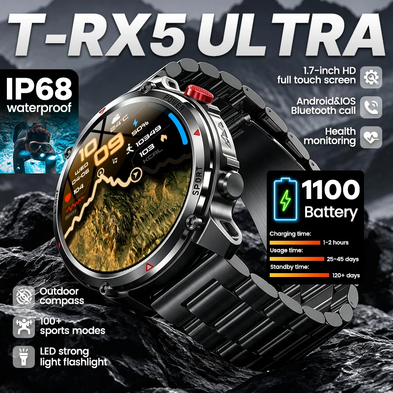 New Built-in 1100mAh Battery Smart Watch T-RX5 Men Outdoor Flashlight IP68 Waterproof Bluetooth Call Military Sports Smartwatch