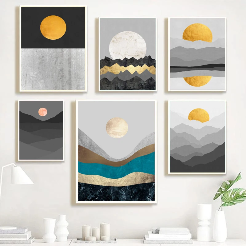 Simple Abstract Geometric Image Sunrise Mountains and River Planet Scenery Posters Canvas Paint Prints Art Home Room Wall Decor