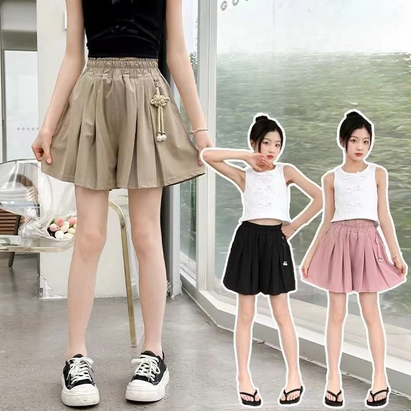 Kids Girls Cute Pleated Shorts 2025 New Children Summer Thin Whide Leg Pants Teenage Girls Pink Khaki Skirt Pants Chinese Style view 2