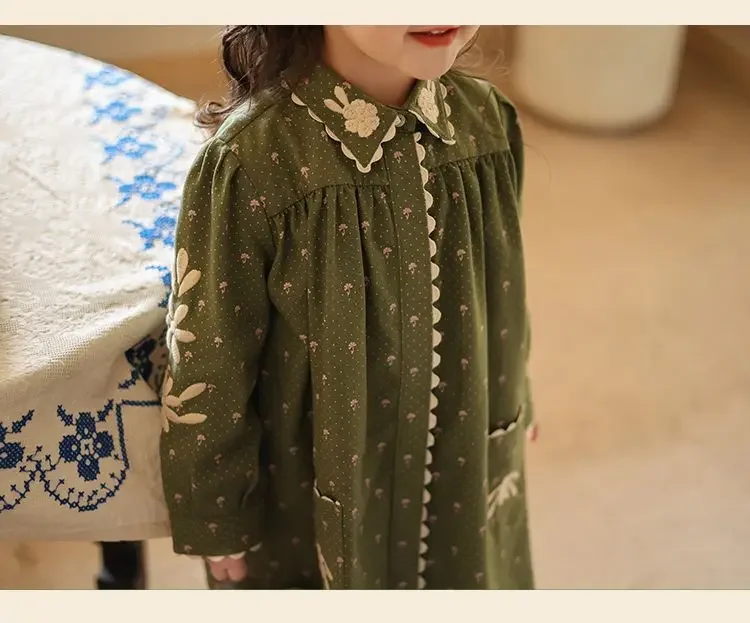 Cute Girls Dress Retro Green Embroidery 2023 Spring Autumn New Long Sleeve Princess Style Causal All-match Korean Version