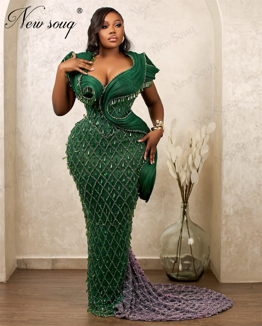 African Green Beaded Evening Dresses Formal Beading Prom Gowns Robes De Soiree Dubai Long Mermaid Wedding Party Dress 2025