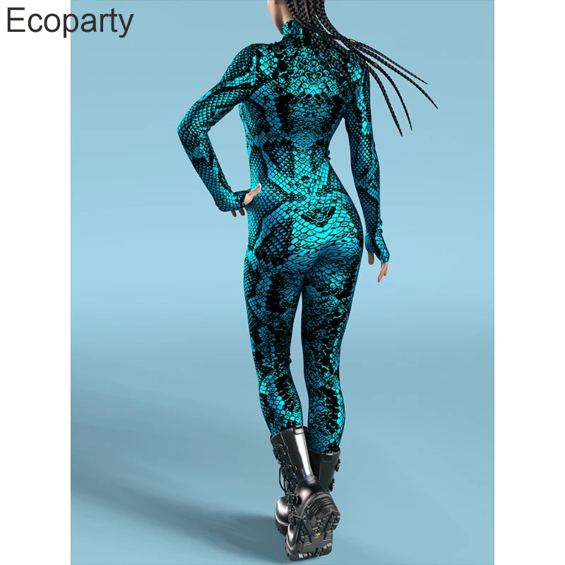 Halloween Women Sexy Snakeskin Print Cosplay Jumpsuit Animal Bodysuit Festival Zentai Suit Theme Party Catsuits Rave Outfits New