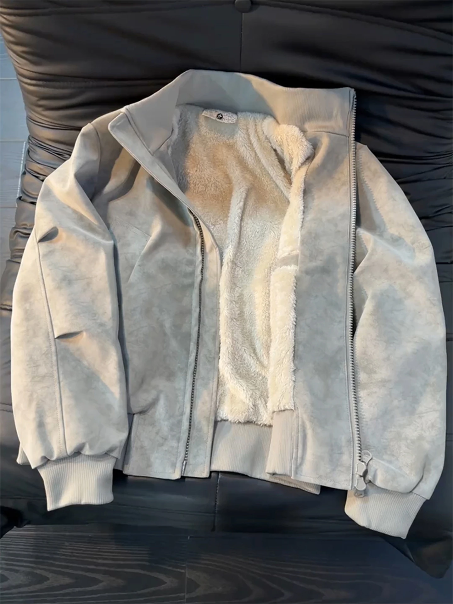 

Мужская зимняя куртка из искусственной кожи PU с начесом, с воротником-стойкой, теплая, с эффектом окрашивания, в американском стиле