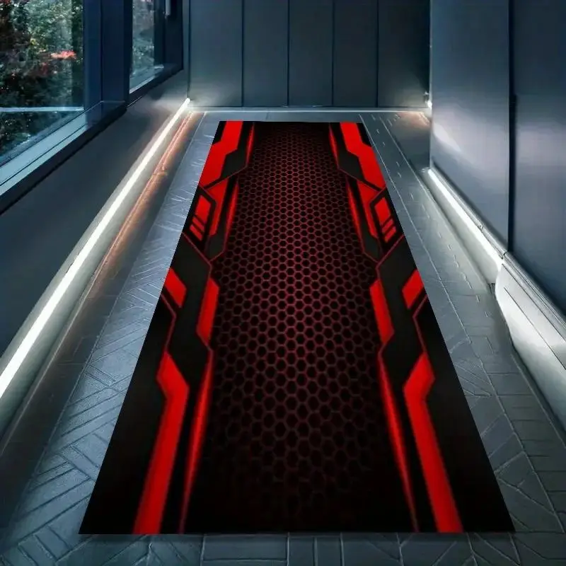 VIKAMA Absorbent Garage Mat, Red Black Honeycomb Motorcycle Pad, Anti Slip Cyber Tech Style for Motorbike Parking Home Decor