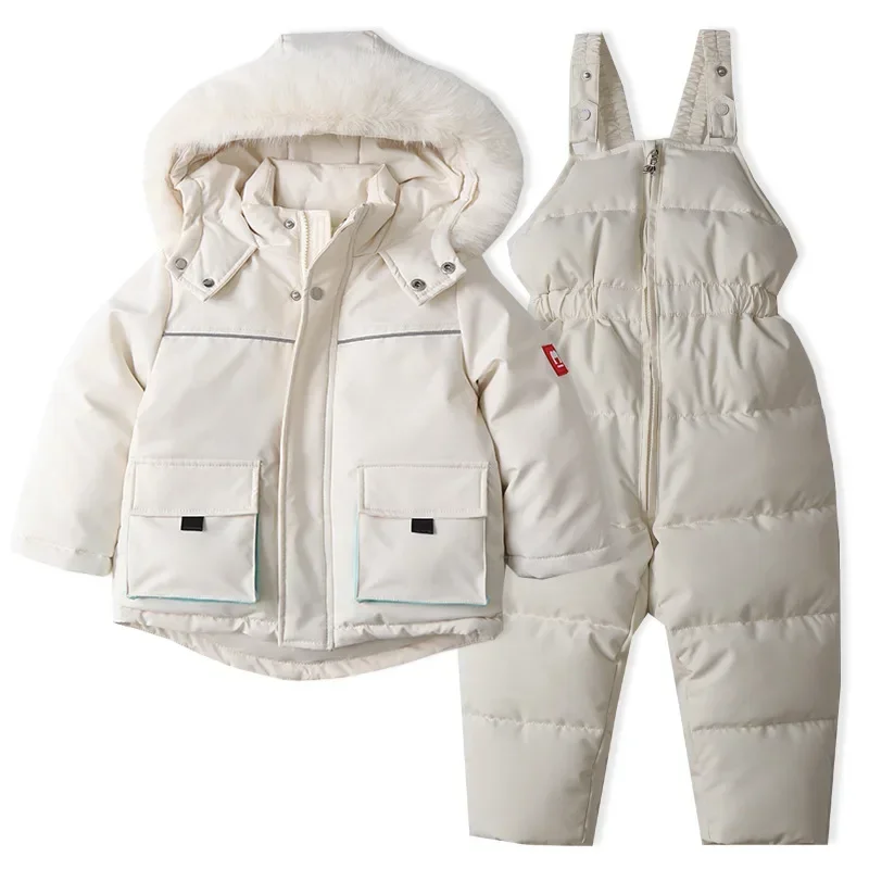 2Pcs New Winter Kid's Ski Clothes Set 2-5Y Boys Thicken Fur Lining Hooded Coats & Overalls Set Girls Warm Snowsuit