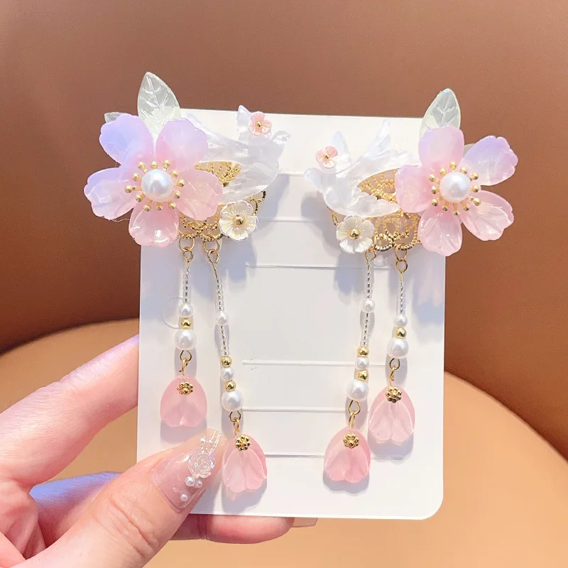 1pair Girls Flower Hair Clip Pearl Pendant Hairpin Cute Classic Taassel Tiara Chinese Hanfu Headwear Fairy Vintage Hair Jewelry image 6