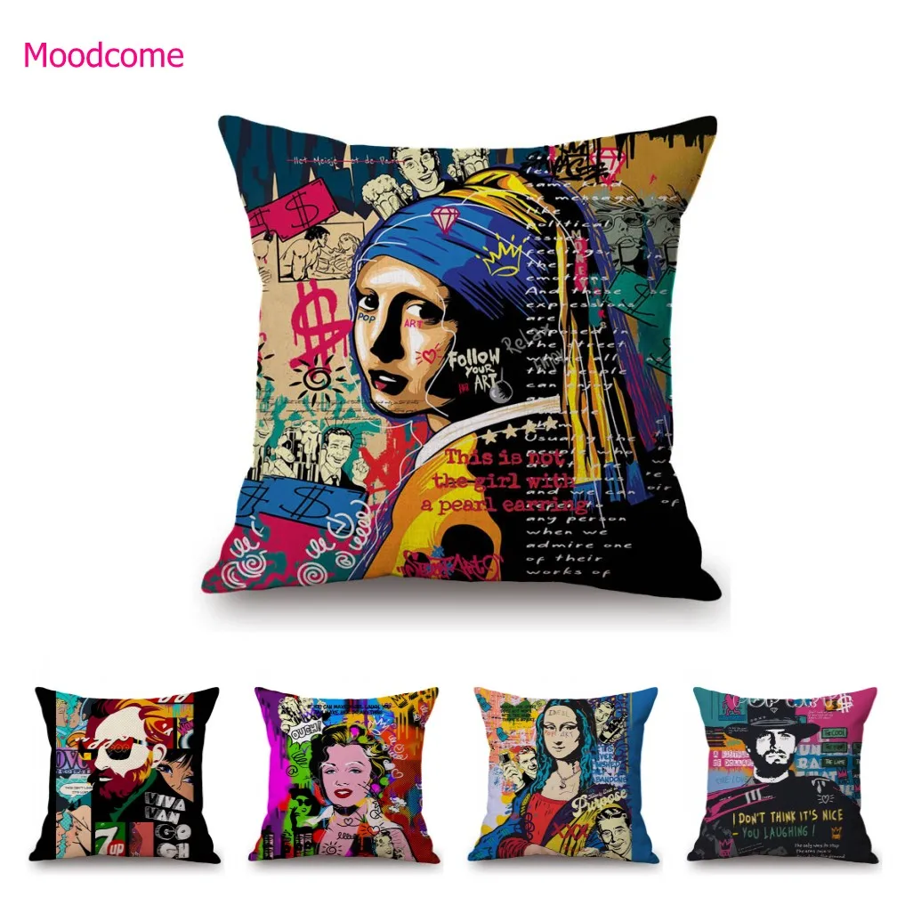 Famous Oil Painting Monalisa Dali Vermeer Funny Graffiti Art Home Decorative Square Cotton Linen Cushion Cover Sofa Pillow Case