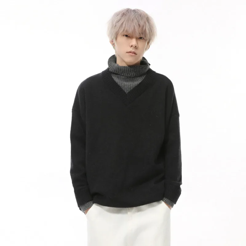 Korean Style Men's Sweaters Turtleneck Knitting Fake Two-piece Splicing Contrast Color Male Pullover Tops 2024 Winter