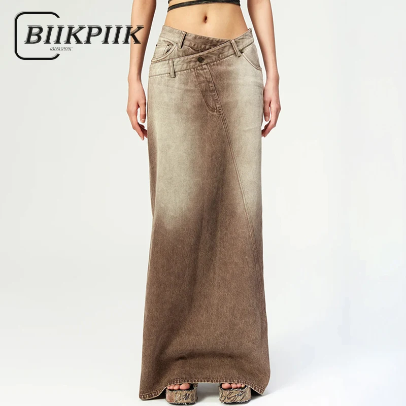 

BIIKPIIK Casual Irregular Waist Women Denim Skirt Vintage Brown Vent Maxi Skirts Fashion All-match Bottom Concise Elegant Attire