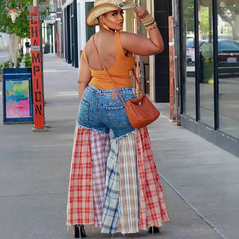 Damskie kolorowe jeansy z szerokimi nogawkami, patchworkowe, w kratę, zapinane na zamek, w stylu vintage, streetwear, jesienne, outdoorowe, dżinsowe spodnie.