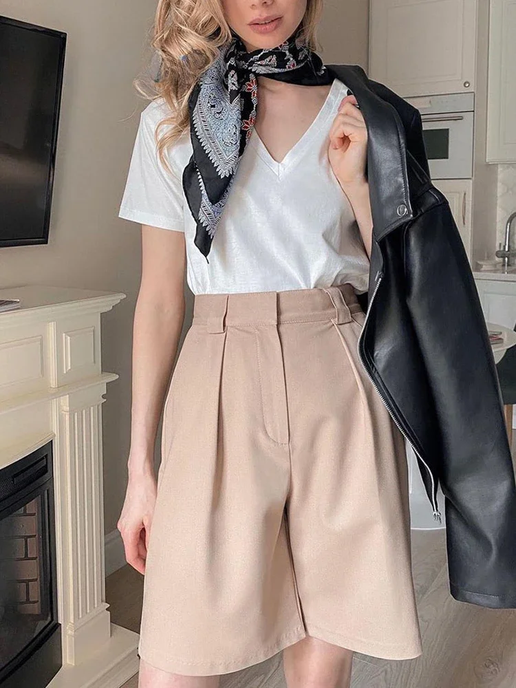

Summer Women's Shorts Beautiful Loose Wide-leg Short Pants High Waist Female Pockets Casual Solid Color Button Shorts for Women