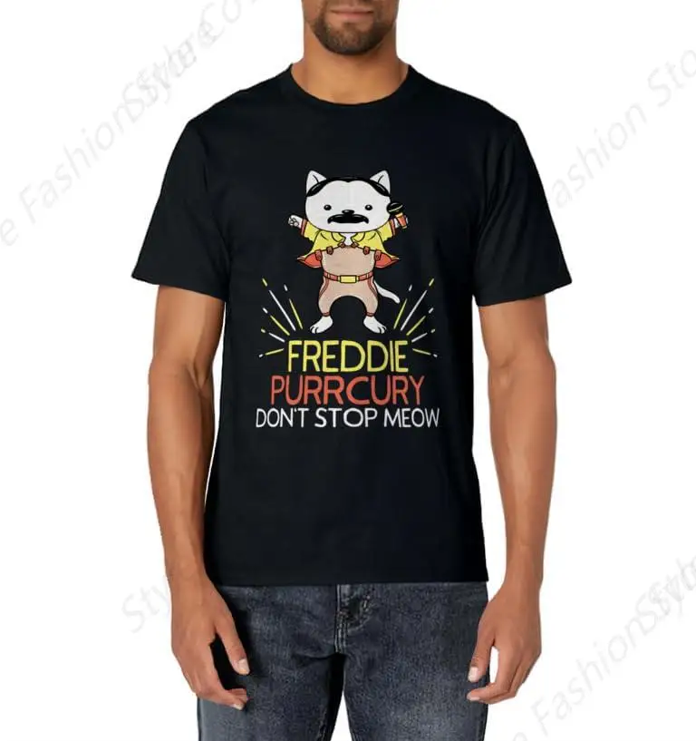 Don'T Stop Meow Freddie Purrcury Funny Cat Music Pun Gift T-Shirt Summer Men'S T-Shirt For Men'S Short Sleeved Top Fashion Top