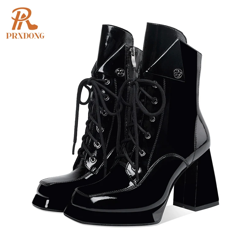 Women\'s 2022 New Autumn Winter Shoes Genuine Patent Leather Chunky High Heel Platform Black White Dress Party Female Ankle Boots