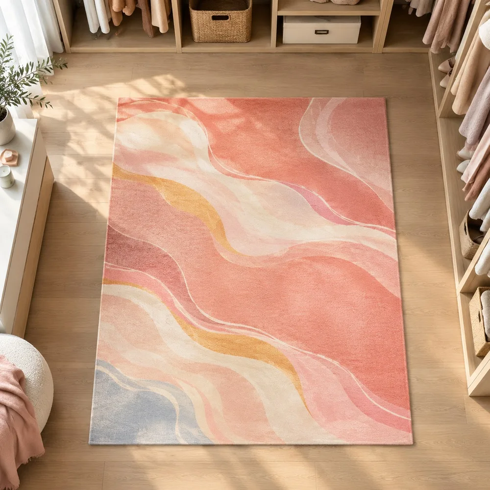 VIKAMA Floor Mat Coral Pink Abstract Rio Coast Color Flow Fluffy Non Slip Home Office Study Sitting Room Fireplace Room Decor