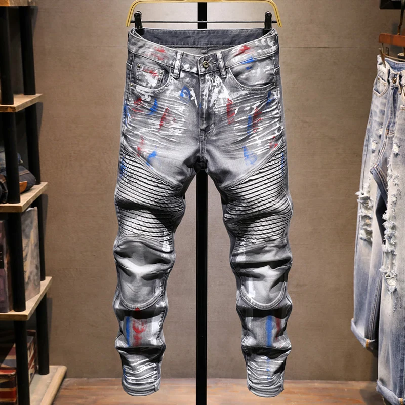 

Street Designer Fashion Men Jeans Retro Gray Stretch Slim Fit Painted Ripped Jeans Men Patched Hip Hop Denim Biker Pants Hombre