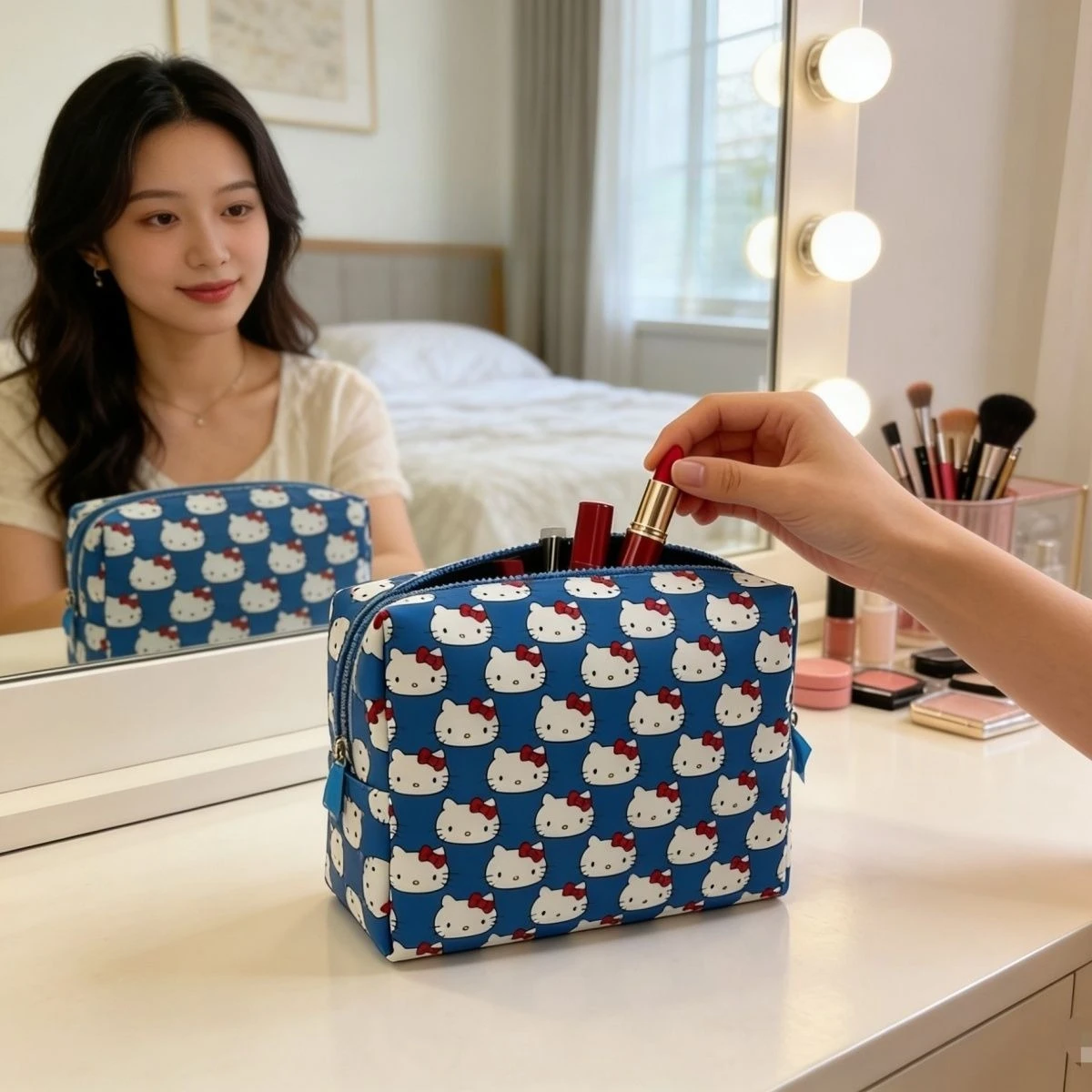 

Anime Hello Kitty Blue Makeup Bag Commuter Versatile Bag Trending Instagram Niche Pattern Portable Large Capacity Cartoon Kawai